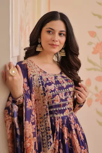 Purple color beautiful printed with stylish sequins ceremonial long gown with dupatta