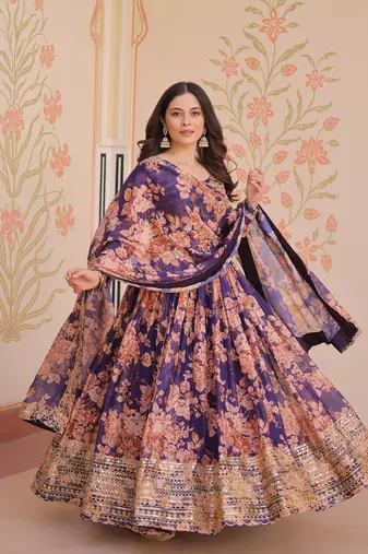 Purple color beautiful printed with stylish sequins ceremonial long gown with dupatta