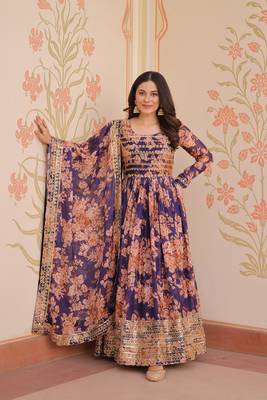 Purple color beautiful printed with stylish sequins ceremonial long gown with dupatta 6