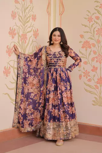 Purple color beautiful printed with stylish sequins ceremonial long gown with dupatta