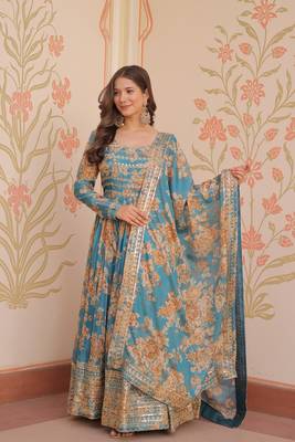Rama color beautiful printed with stylish sequins ceremonial long gown with dupatta 1