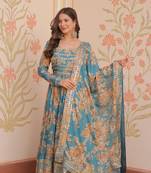 Rama color beautiful printed with stylish sequins work ceremonial long gown with dupatta