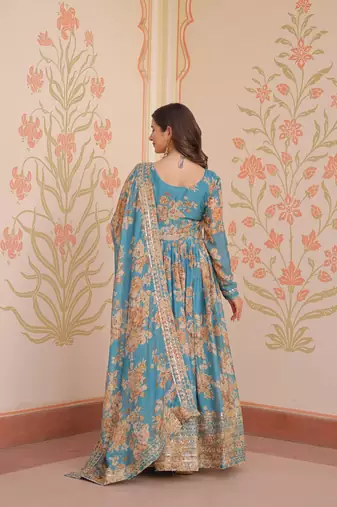 Rama color beautiful printed with stylish sequins ceremonial long gown with dupatta