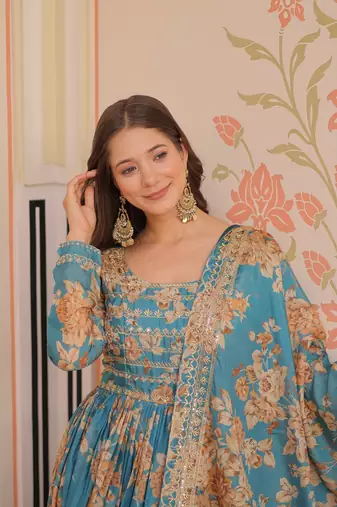 Rama color beautiful printed with stylish sequins ceremonial long gown with dupatta
