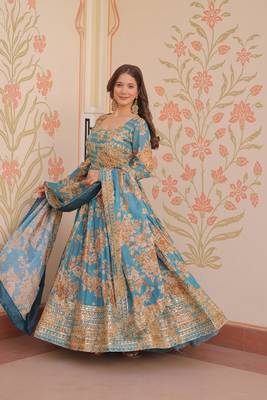 Rama color beautiful printed with stylish sequins ceremonial long gown with dupatta 5
