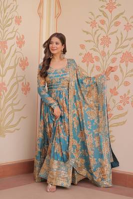 Rama color beautiful printed with stylish sequins ceremonial long gown with dupatta 6