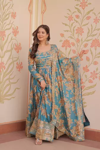 Rama color beautiful printed with stylish sequins ceremonial long gown with dupatta