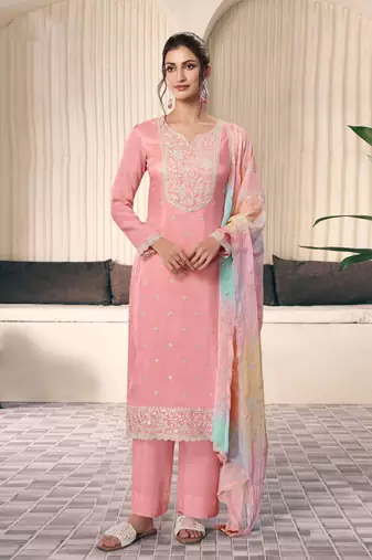 Peach color art silk fabric  designer embroidery work ceremonial salwar suit