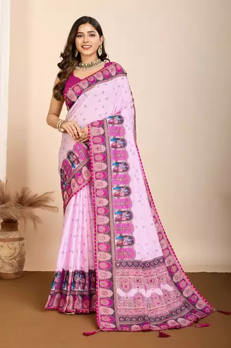 pink digital prints cotton embellished saree with matching blouse
