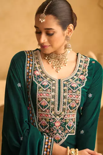 Green color embroidery work velvet fabric wedding ceremonial palazzo suit