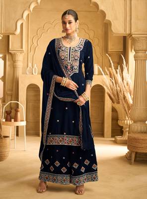 Blue color embroidery work velvet fabric wedding ceremonial palazzo suit 1