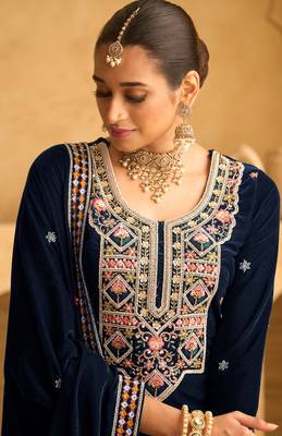 Blue color embroidery work velvet fabric wedding ceremonial palazzo suit 2