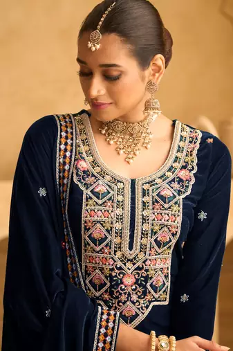 Blue color embroidery work velvet fabric wedding ceremonial palazzo suit