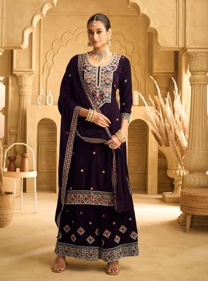 Purple color embroidery work velvet fabric wedding ceremonial palazzo suit 1