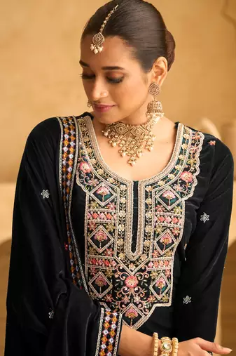 Black color embroidery work velvet fabric wedding ceremonial palazzo suit