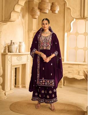 Purple color velvet fabric embroidery work heavy ceremonial palazzo dress 1