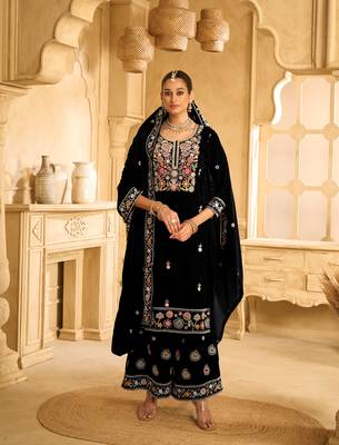 Black color velvet fabric embroidery work heavy ceremonial palazzo dress 1