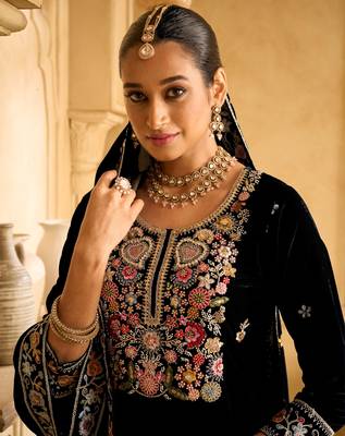 Black color velvet fabric embroidery work heavy ceremonial palazzo dress 2