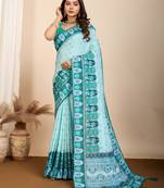sky blue digital print cotton embellished saree with matching blouse