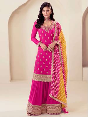 Pink color chinon fabric  designer embroidery work,printed stylish palazzo dress 1
