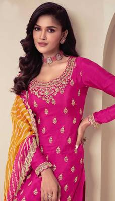Pink color chinon fabric  designer embroidery work,printed stylish palazzo dress 2