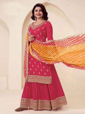 Red color chinon fabric  designer embroidery work,printed stylish palazzo dress 1