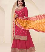 Red color chinon fabric  designer embroidery work,printed stylish palazzo dress