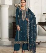 Blue color munga silk  designer embroidery work heavy ceremonial salwar kameez