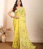 yellow 3d prints georgette saree with matching blouse