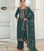 Rama color munga silk  designer embroidery work heavy ceremonial salwar kameez