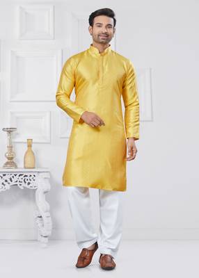 Yellow jacquard silk pathani suits for mens 1