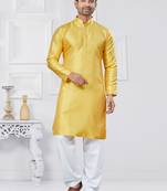 Yellow jacquard silk pathani suits for mens