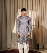 Bluish grey embroidery work viscosee fabric stylish kurta pajama for mens