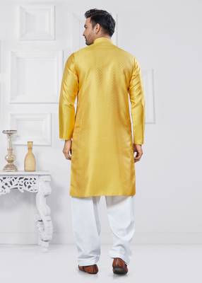 Yellow jacquard silk pathani suits for mens 2