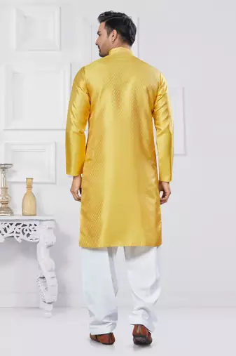 Yellow jacquard silk pathani suits for mens