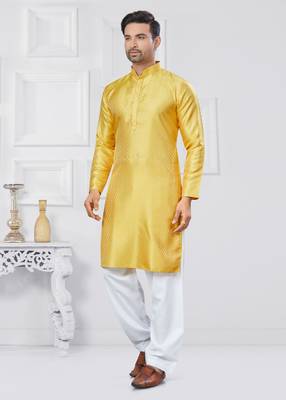 Yellow jacquard silk pathani suits for mens 3