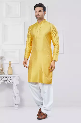 Yellow jacquard silk pathani suits for mens