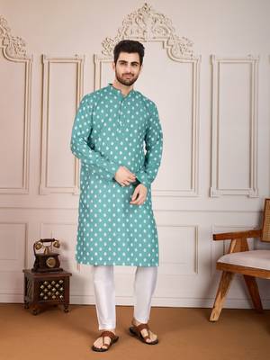 Sea green smart and stylish printed cotton fabric kurta pajama for mens 1