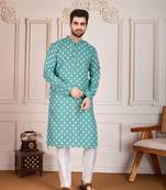 Sea green smart and stylish printed cotton fabric kurta pajama for mens