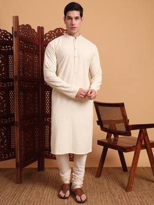 Off white rayon fabric chikankari embroidery work traditional kurta pajama for mens 1