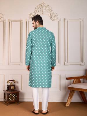 Sea green smart and stylish printed cotton fabric kurta pajama for mens 2