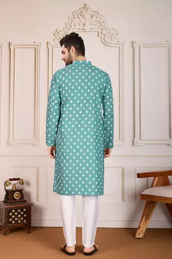 Sea green smart and stylish printed cotton fabric kurta pajama for mens