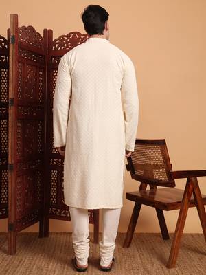 Off white rayon fabric chikankari embroidery work traditional kurta pajama for mens 2