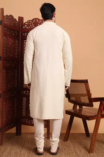 Off white rayon fabric chikankari embroidery work traditional kurta pajama for mens