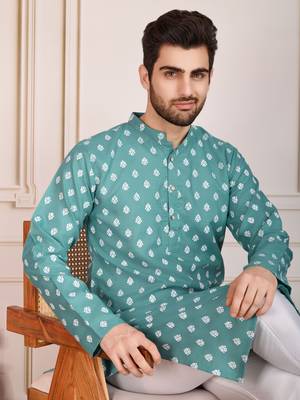 Sea green smart and stylish printed cotton fabric kurta pajama for mens 3