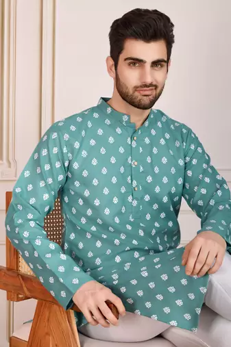 Sea green smart and stylish printed cotton fabric kurta pajama for mens