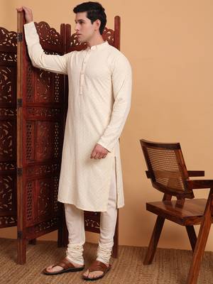 Off white rayon fabric chikankari embroidery work traditional kurta pajama for mens 3