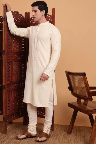 Off white rayon fabric chikankari embroidery work traditional kurta pajama for mens