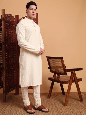 Off white rayon fabric chikankari embroidery work traditional kurta pajama for mens 4