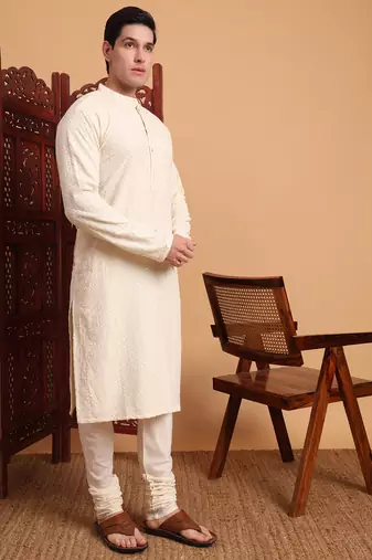 Off white rayon fabric chikankari embroidery work traditional kurta pajama for mens